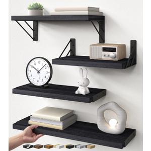 BAYKA Wall Mounted Floating Bathroom Shelves, Wood Wall Shelf for Bathroom Essentials & Decor, Space-Saving Display & Organizer (Black, Set of 4), 16-inch Mixed
