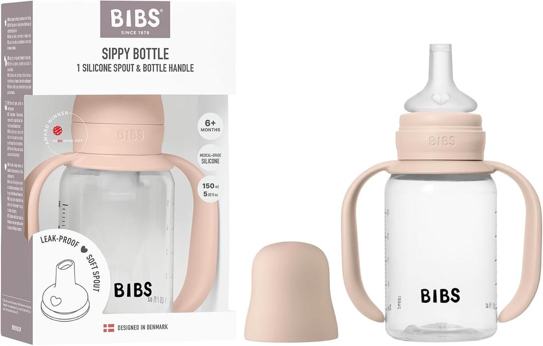 BIBS Sippy Bottle 150 ml Leak-Proof Toddler Cup with Easy-Grab Handles & Soft Silicone Spout BPA-Free Baby Training Cup - Blush