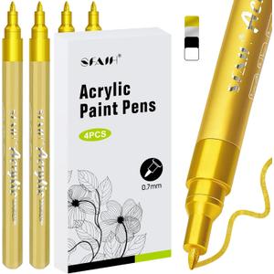 SFAIH Gold Paint Markers Pens - 4 Pack 0.7MM Fine Tip Metallic Acrylic Markers for Rock Painting, Wood, Metal, Fabric, Plastic, Canvas, Glass, Ceramic, Diy Crafts, Drawing, Tire