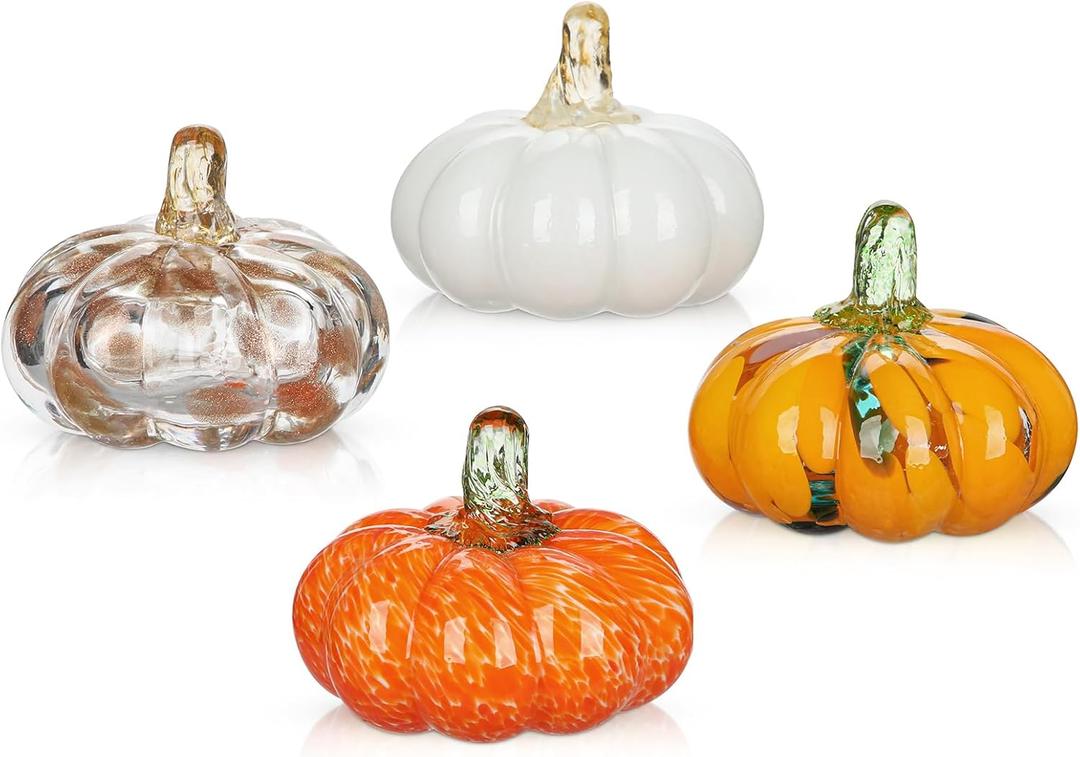 Glass Pumpkin Fall Decor Set  4 PCS Handblown Pumpkins for Autumn Decorations, Halloween, Thanksgiving, Harvest Table Centerpiece, Mantel Fall Accents (Mixed Colors - 4pcs)