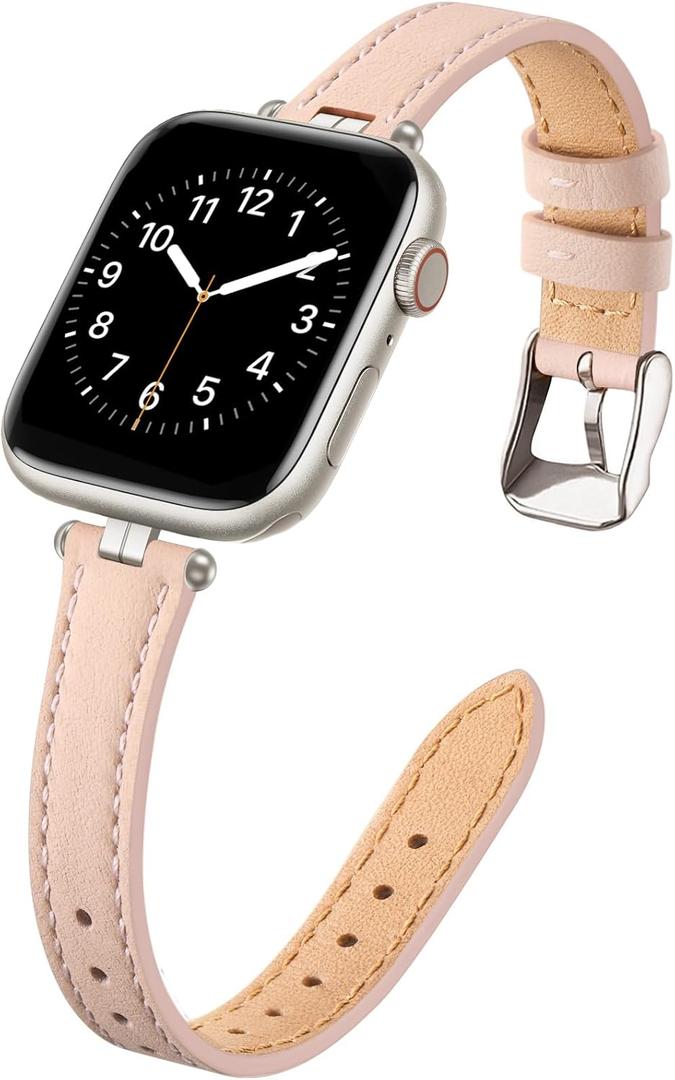 STIROLL Thin Leather Band Compatible with Apple Watch Bands 41mm 40mm 38mm 42mm,  Women, Stylish Top-Grain Leather Strap Slim Wristband for iWatch SE3/2/1 Series 9 8 7 6 5 4 3 2 1, Pinksand/Starlight, Size: 38mm 40mm 41mm 42mm(series 12 11 10)