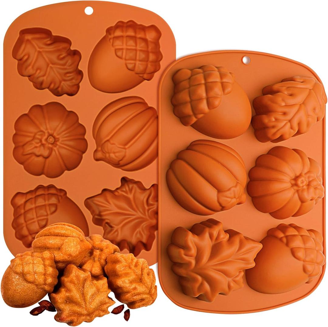 Webake Fall Silicone Molds Harvest Cake Pan, 3D Maple Leaf Acorn Pumpkin Mold for Autumn Treats, Halloween, Thanksgiving, 2Pcs