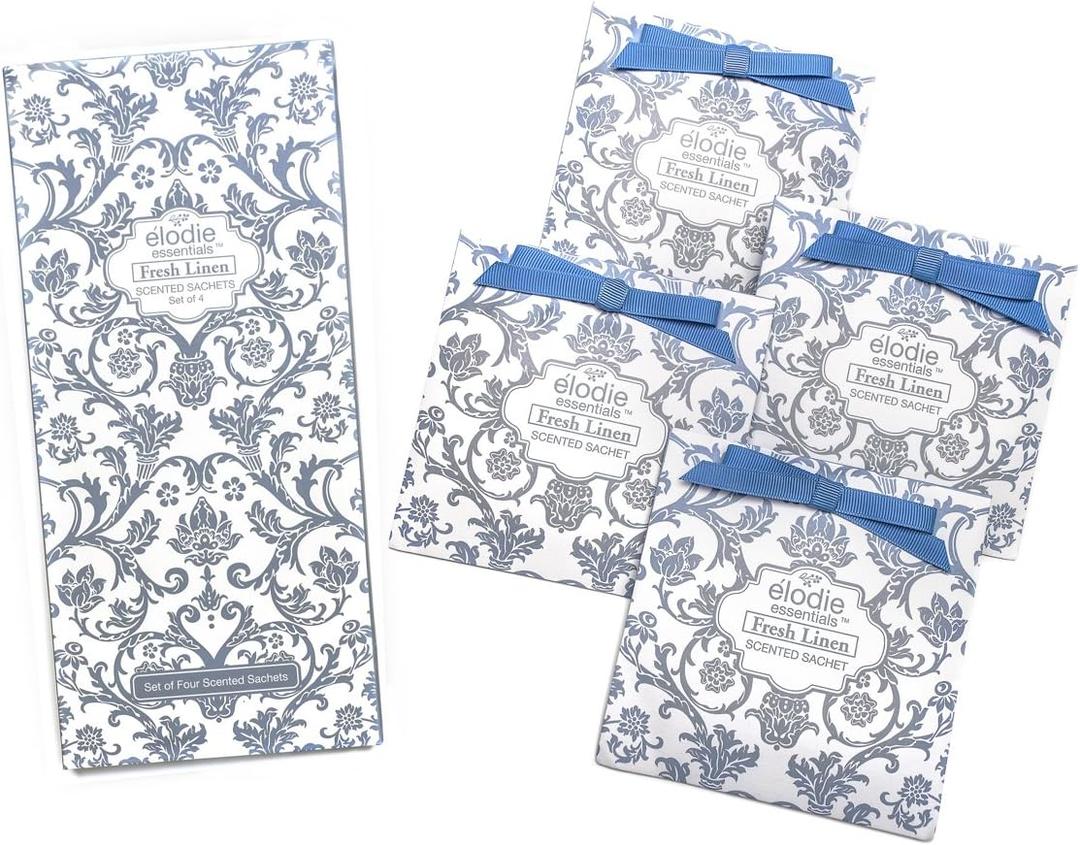 Elodie Essentials 6 Scented Drawer Liners for Closet Shelves - 4 Liners Sachets - for Lingerie Drawers, Cabinets, Closets, Dresser, 4 Wrapped Packets - Royal Damask Print - Fresh Linen