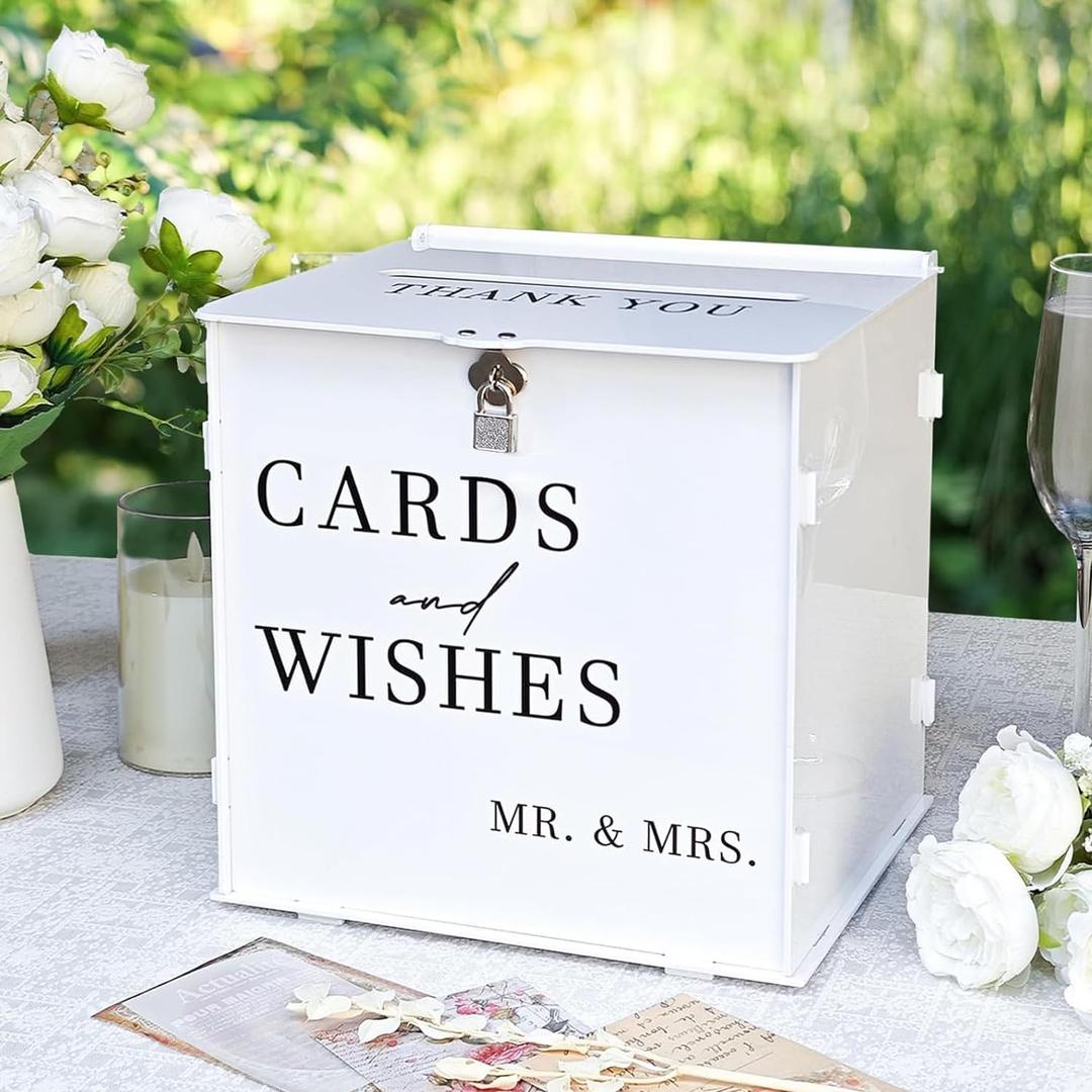 Sofarkkt White Acrylic Card Box with Slot & Lock, Elegant Wedding Card Boxes for Reception, Large Money Envelope Gift Card Box for Party Wedding Birthday Engagement Anniversary Stylish Table Decor