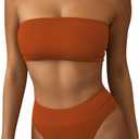 Pink Queen Women's Ribbed High Waisted Bikini Set Removable Strap Bandeau Swimsuit (Size Medium, 01 - Burnt Orange Ribbed Fabric)