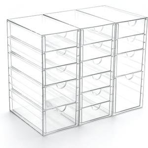 Acrylic Drawer Organizer with 15 Drawers, Makeup Craft Office Desk Organizers Accessories, Set of 3 Clear Stackable Storage Drawers for Vanity, Countertop, Jewelry, Art Supply Organization