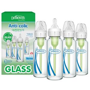 Dr. Brown's Anti-Colic Options+ Narrow Glass Baby Bottle with Level 1 Slow Flow Nipple, BPA-Free, 8 oz/250 mL, 0m+, 4-Pack 