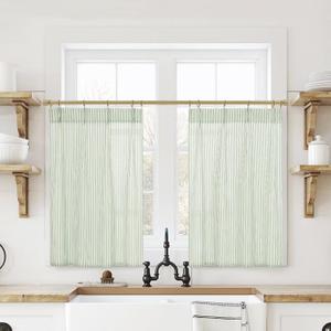 Striped Kitchen Pinch Pleat Small Curtains with Hooks 30 Inch Length for Bathroom Windows,Sage Green (24"W x 30"L (Pack of 2))