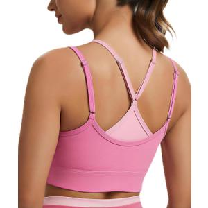 SEASUM Sports Bras for Women Color-Block Sports Bra Layered-Look Tank Top with Removable Cups (Large, #1 Pink)