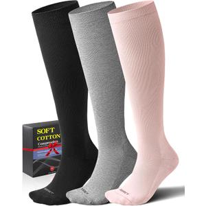 3 Pairs Cotton Compression Socks for Women Men 20-30 mmHg - Knee High Support Socks with Thick Sole and Seamless Toe (Medium-Large)