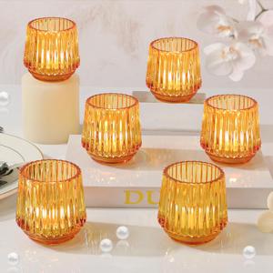 SHOHAYTO Large Amber Glass Votive Candle Holders Set of 6, Ribbed Tealight Holders for Votives, Floating Candles Table Centerpieces Wedding Home Decor