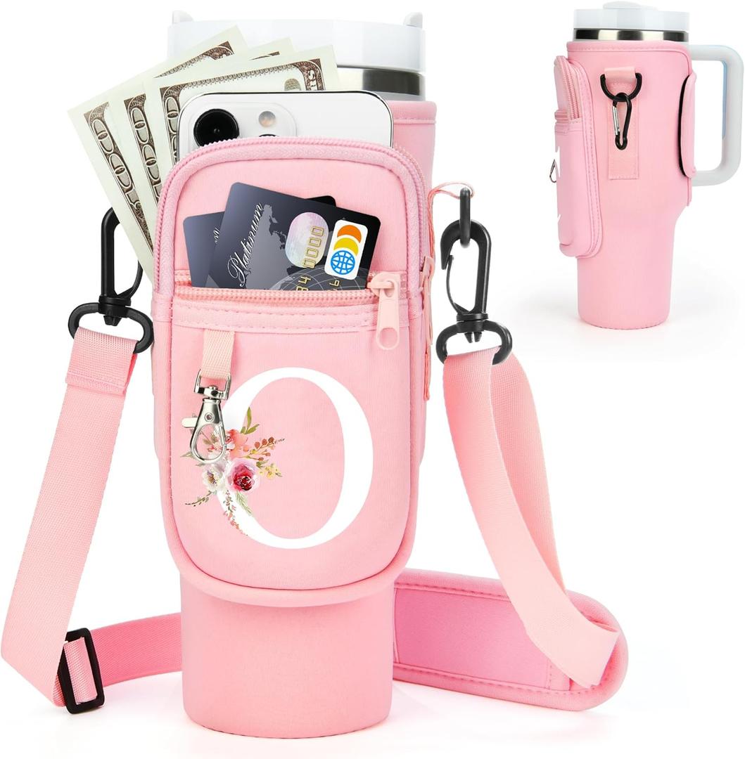 Initial Water Bottle Holder with Strap for Stanley Cup Accessories 40 oz Tumbler/Simple Modern Tumbler Bag, Water Bottle Carrier Bag with Strap for Men Women Gift Hiking, Travel, Camping, Walking Gym (Pink)