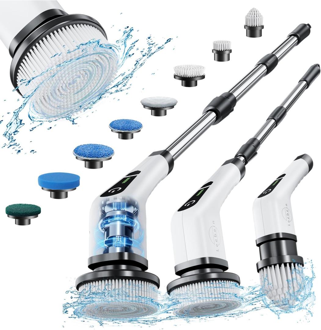 8 in 1 Electr Leebein Electric Spin Scrubber, Cordless Cleaning Brush with 8 Replaceable Brush Heads, Tub and Floor Tile 360 Power Scrubber Dual Speed with Adjustable & Detachable Handle for Bathroom Kitchen Car ic Cleaning Brush ANS-8050, White