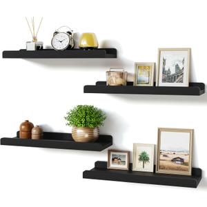 Love-KANKEI Black Floating Shelves for Wall Set of 4, Wood Wall Shelves with Lip,15.6 Inch Rustic Hanging Shelves for Bedroom Bathroom Living Room Kitchen Nursery Display