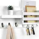 Mail Organizer for Wall Mount  Key Holder with Shelf Includes Letter Holder and Hooks for Coats, Dog Leashes  Rustic Wood with Flush Mounting Hardware (16.5 x 8.7 x 3.5) (White)