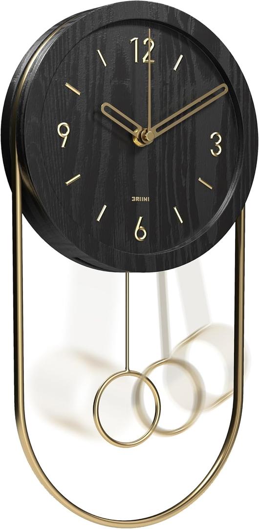 Driini Decorative Wall Clock with Pendulum (Black)  Modern Wood, 3D Gold Numbers, Metal Frame  Small, Unique Wall Clocks for Living Room Decor or Bathroom - Battery Operated, Silent, Non-Ticking