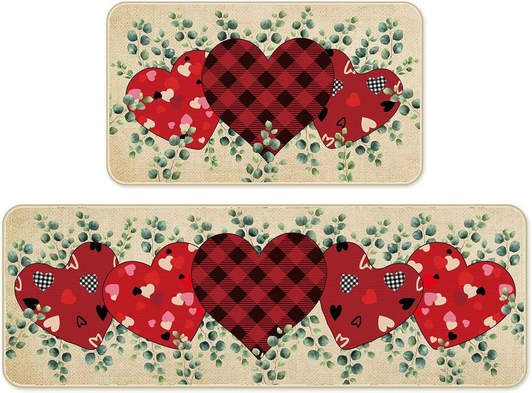 Bencailor 2 Pcs Kitchen Rugs and Mats Spring Summer Welcome Door Rugs Non Slip Washable Decorative Mats for Floor Door Home Bathroom Decor Gifts, 17 x 30 Inch and 17 x 47 Inch(Red, Pink,Heart)