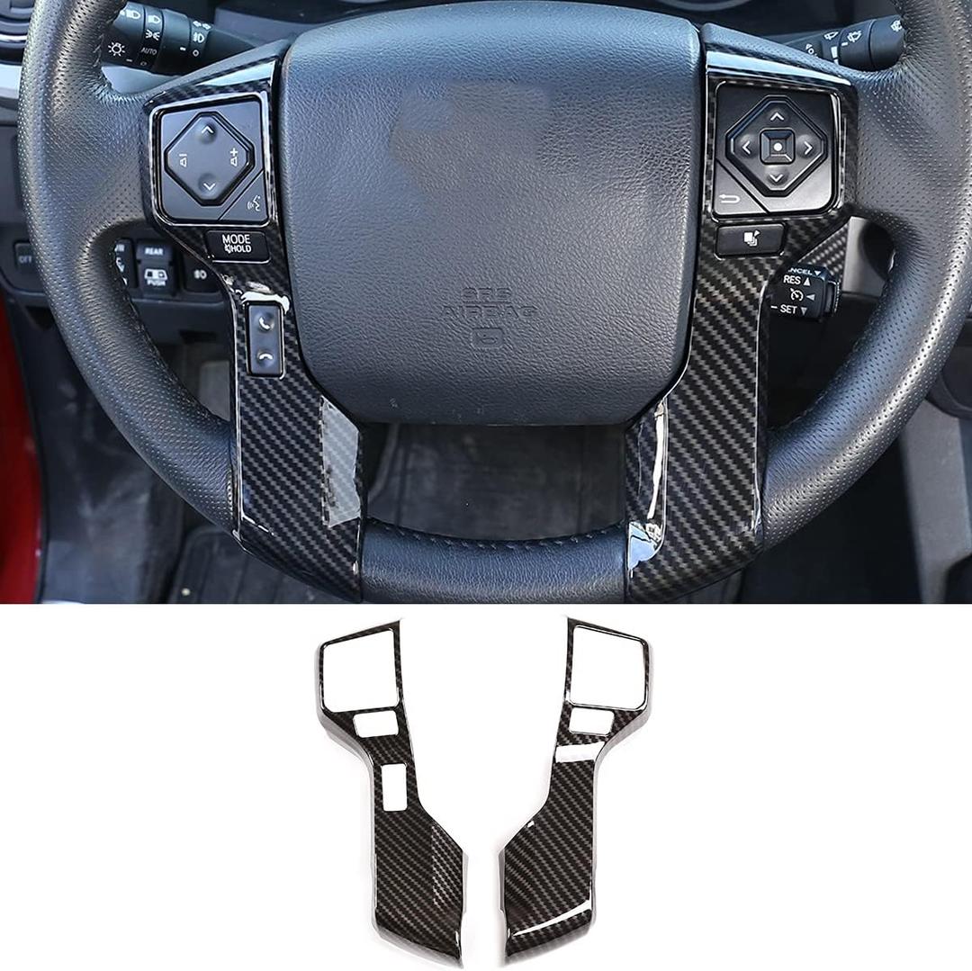 LLKUANG Car Steering Wheel Moulding Chrome Cover Trims Stickers Fit for Toyota Tundra 2014-2021 Tacoma 2016-2022 ABS Steering Wheel Cover Trim Accessories(Carbon Fiber,3+2 Holes Style)