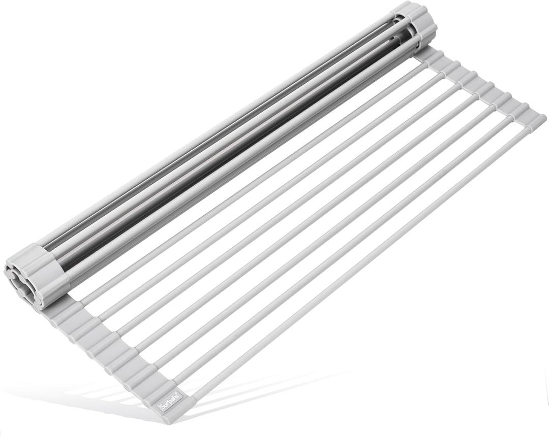 Surpahs 17.5 x 13.1 Inch Roll-Up Dish Drying Rack, Fits Sinks up to 16.5 Inch Wide, Heavy-Duty Premium Silicone, Strong Support, Non-Slip, Heat-Resistant, Warm Gray