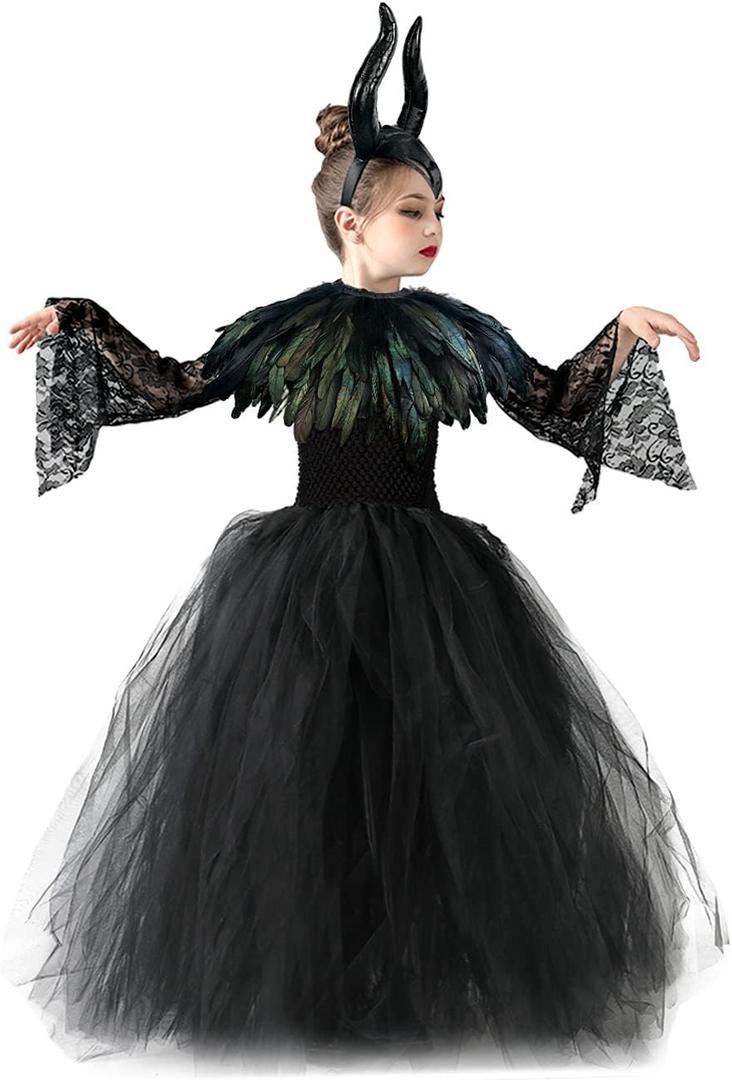 L'VOW Girls Dress Princess Lace Tutu Tulle Dresses for Halloween with Demon Horns Feather Cape Costume Set (110(4-5 Years))