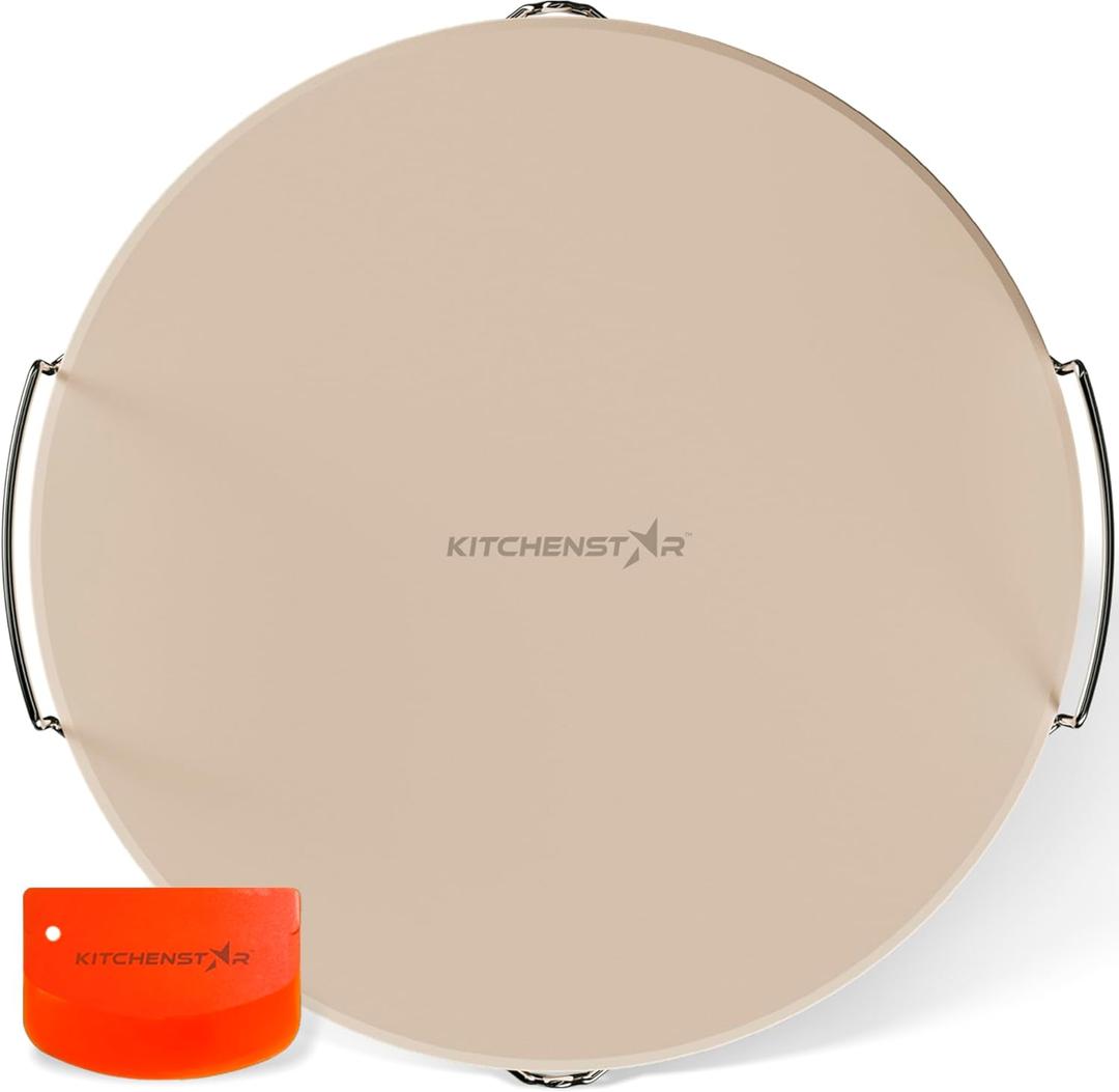 KitchenStar 16-inch Pizza Stone for Oven and BBQ Grill with Handles, Round, 5/8" Thick - Natural Cordierite, 1800 F Resistant, Baking Stone Set with Stainless Steel Rack & Plastic Scraper Tool