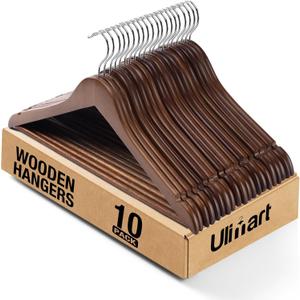 Wooden Hangers 10 Pack: Solid Shirt Hangers with Pants Bar, Heavy Duty & Slim Coat Hanger, for Suit Coat Jacket Pants (Walnut)