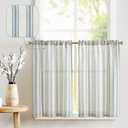 Jinchan Striped Linen Kitchen Curtains 36 Inch Cafe Tier Curtains Balanced Stripe Farmhouse Small Drapes for Bathroom Laundry Over Sink Half Window Light Filtering 2 Panels Blue on Linen