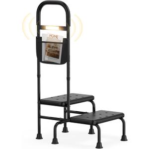 FamiHealth 2 Step Stool with Handle for Elderly Heavy Duty Bed Steps for High Beds for Adults Two Step Stools for Seniors with Adjustable Handrail Non-Skid Platform LED Light Foot Stool for Kitchen Bathtub