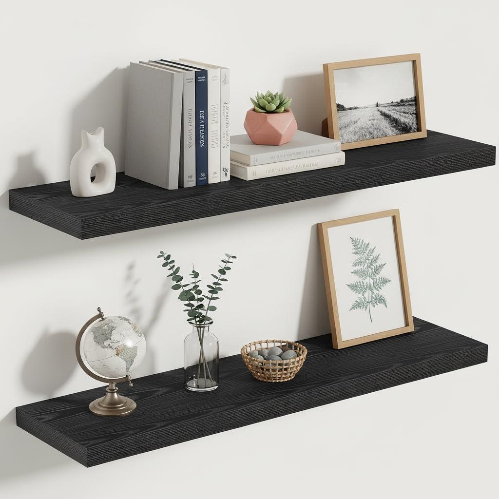Vivelove 10 Inch Deep Floating Shelves 30x10 Set of 2, Black | Easy Install With Hardware, Invisible Brackets, Bathroom Bedroom Living Room Kitchen, No Sagging, For Display and Storage