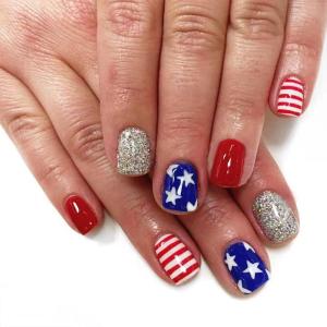 2 x 4th of July Press on Nails Short Square Fake Nails Red Blue Full Cover False Nails Stars Glitter Glue on Nails Independence Day Nails Press ons Glossy Artificial Stick on Nails for Women 24 Pcs, (Mix Nails)