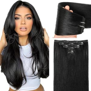 Hair Extensions Clip in Human Hair Jet Black #1 Natural Silky Straight Clip on Brazilian Real Human Hair Extensions Invisible Double Weft Clip ins Hair for Women 14 Inch 60G 5 PCS