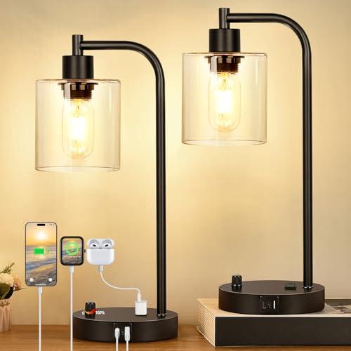 Industrial Table Lamp with USB C+A Ports and Outlet, Fully Stepless Dimmable Bedside Lamps for Bedrooms, Nightstand Desk Lamp with Glass Shade for Reading Living Room Office (Bulb Included) 1 Pack