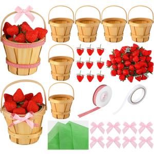 LemonRoad 6 Set Mini Strawberry Wooden Basket Decor 5.1 x 6.7 Inch Round Picnic Wooden Basket for Wedding Holiday Farmhouse Table Centerpiece and Home Decoration