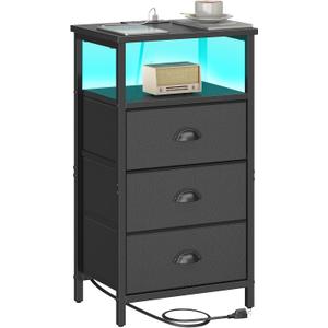 Sthmec Nightstand with Charging Station,LED Black Nightstand with 3 Fabric Drawers PU Finish, Bedside End Tables, 2-Tier Open Storage Shelf Side Table Nightstand with Drawers for Bedroom,Black, 15.4''W * 11.6''D* 28.6''H