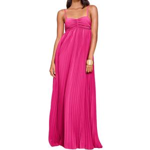 Women's Plisse Dress Adjustable Spaghetti Strap Maxi Solid Party Wedding Guest Dresses (Pink, M)