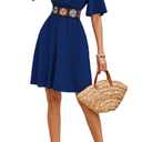 LightlyKiss Women's Blue V-Neck Short Bell Sleeve A-Line Cocktail Dress with Embroidered Belt Summer Beach Party Wedding Guest Evening Dress (Blue, XL)