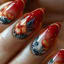 8 x IMSOHOT Press on Nails Medium Almond Fake Nails Red Orange Flower False Nails with Design Glossy Gradient Artificial Acrylic Full Cover Stick on Nails for Women Manicure