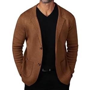 Mens Cardigan Sweater Knit Blazer Suit Jacket Casual Two Button Lightweight Sport Coat with Pockets Brown XL
