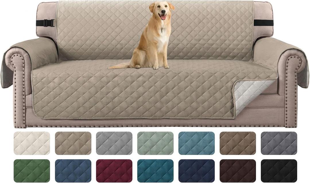H.VERSAILTEX Reversible Sofa Cover Couch Cover for 3 Cushion Couch Water Resistant Furniture Protector for Pets Durable Sofa Slipcover with Non Slip Elastic Strap(Sofa, Khaki/Beige)