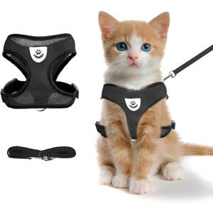 shudyear Summer cat Chest Harness and Leash, Anti-Escape Adjustable Soft mesh cat Leash and Chest Harness Set for All Types of Cats cat Vests (Size S,Black) (S(Neck:9.44" chest:11.02"-14.96"))
