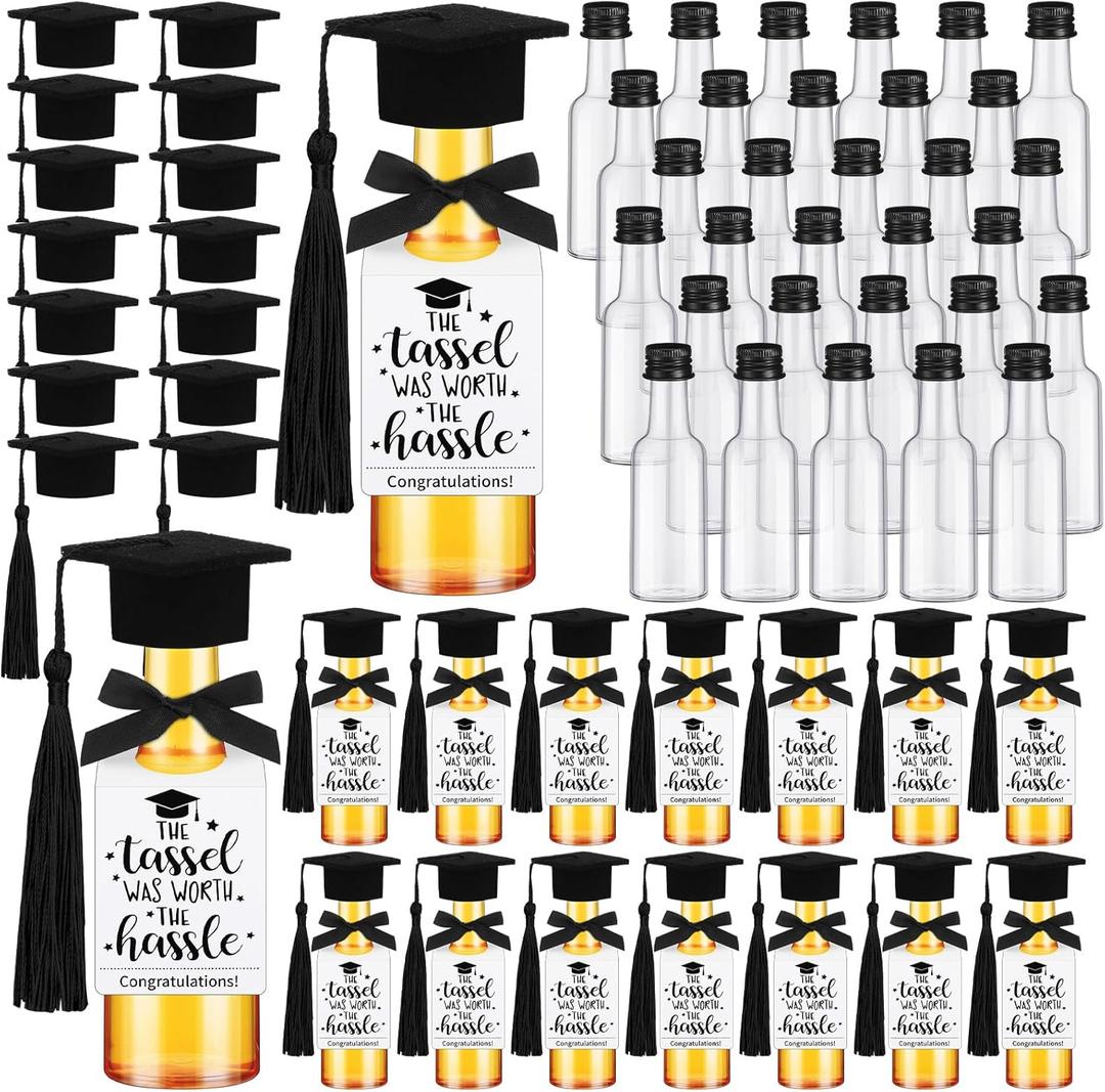 Hushee 50 Sets Mini Graduation Liquor Bottles Bulk with Mini Grad Caps with Tassels and Black Bow Label Grad Wine Shot Bottles for Graduation Party Favors College High School