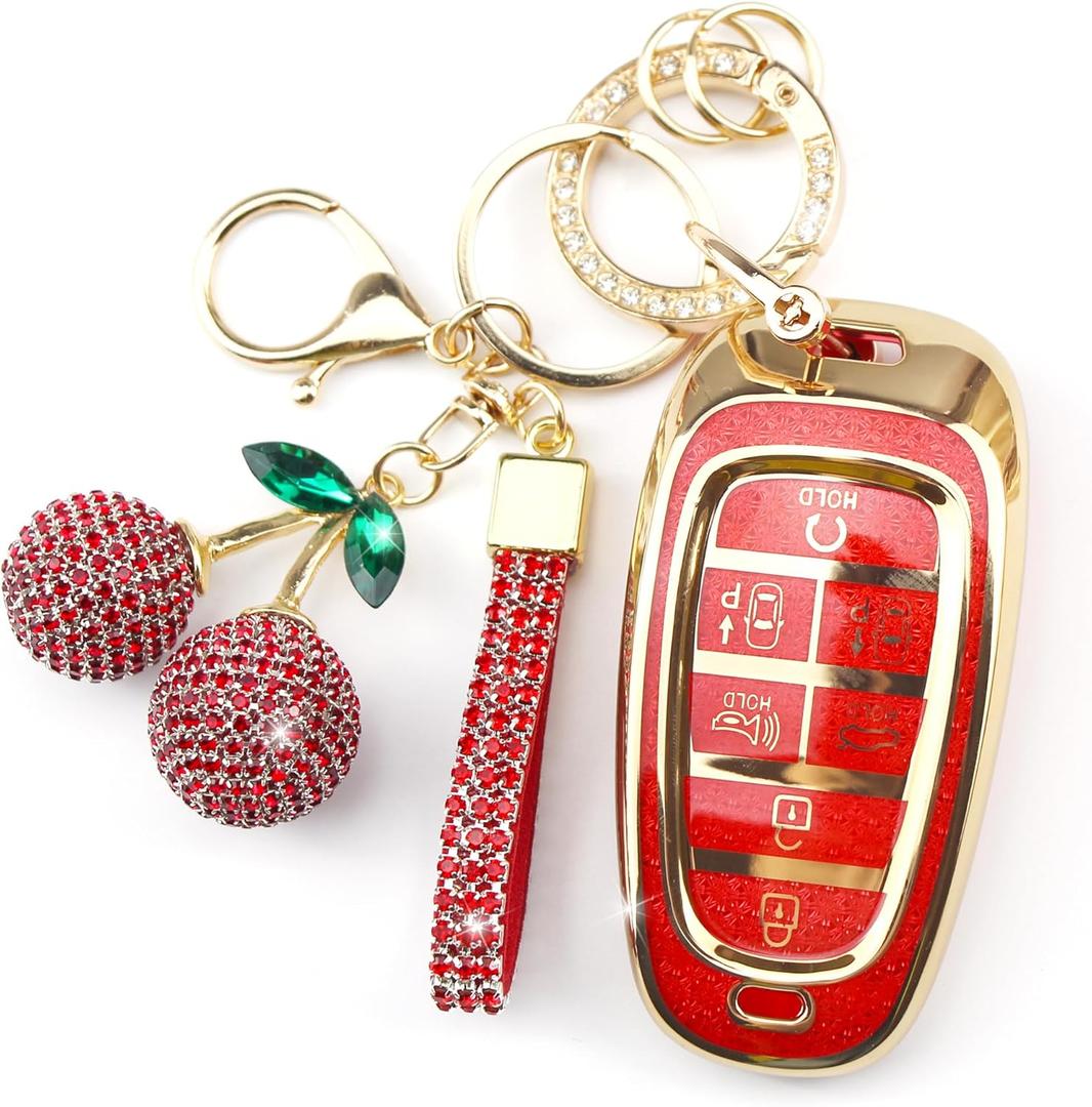 Rayslesan Sparkly Key Fob Cover with Cherry Keychain, Bling TPU Smart Key Case for Women, Compatible with Hyundai Sonata Santa Fe Tucson Nexo 2019-2021 Palisade 2023-2024 (7-Button, Gold Red)