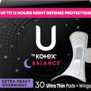 U by Kotex Balance Pads with Wings, Ultra Thin, Overnight, Extra Heavy Absorbency, 30 Count