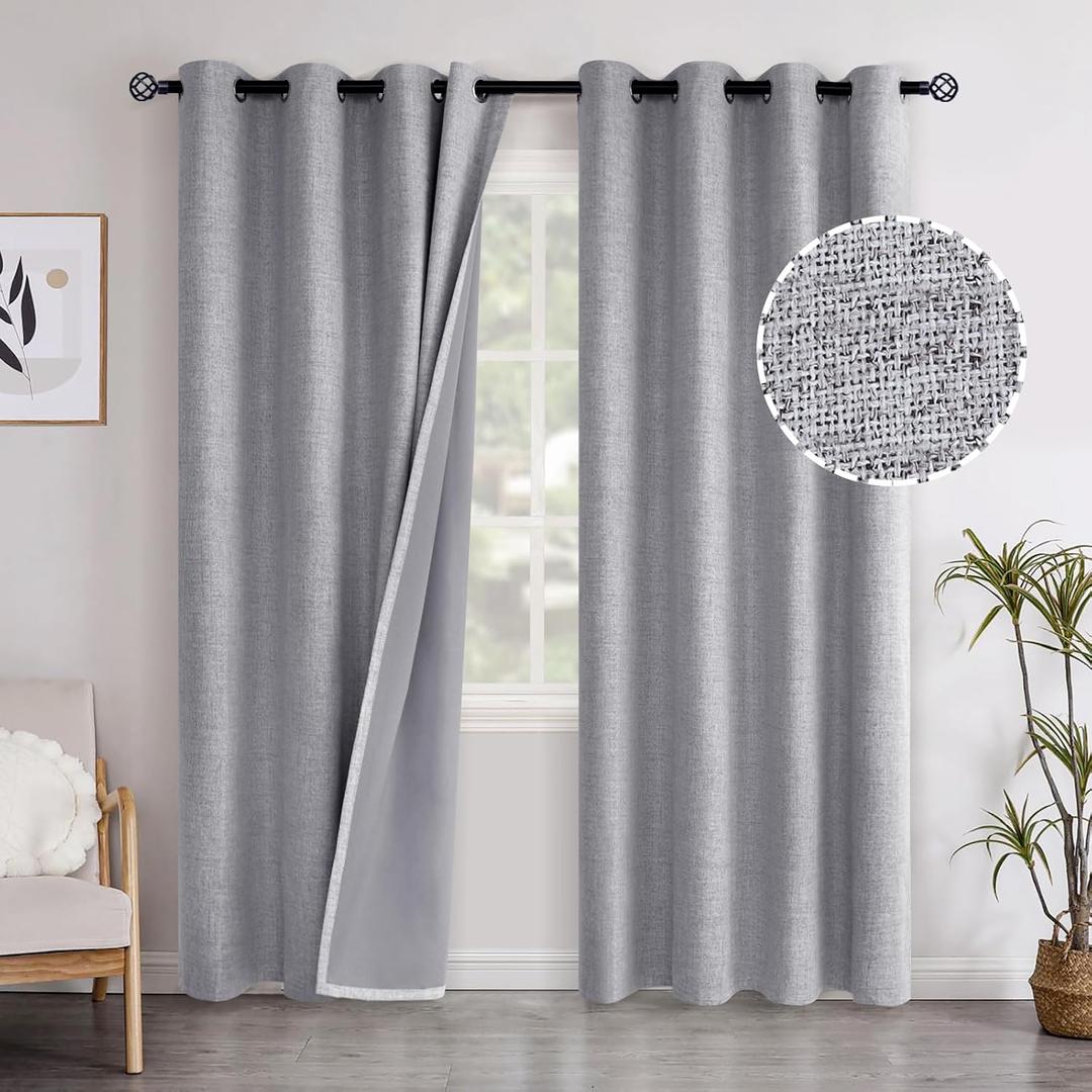 YoungsTex Grey Linen Blackout Curtains for Living Room 84 Inches Long, Thermal Insulated Window Drapes with Grommet Full Room Darkening Energy Saving for Bedroom, 2 Panels, 52 X 84 Inch