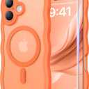 Magnetic for iPhone 17 Case, Cute Wavy Upgraded [Full Camera Protection][Fit for MagSafe] 1X Screen Protector + 1X Wrist Strap, Trendy Matte Women Girly Phone Case for iPhone 17 6.3", Cosmic Orange
