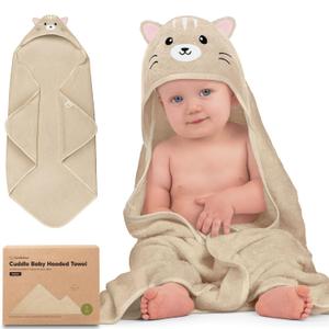 KeaBabies Hooded Baby Towel for Newborn - Viscose Derived from Bamboo Large Baby Bath Towels with Hood for Boys, Girls, Toddler, Extra Absorbent & Soft Newborn Bath Essentials (Cat) (Regular 35x35)