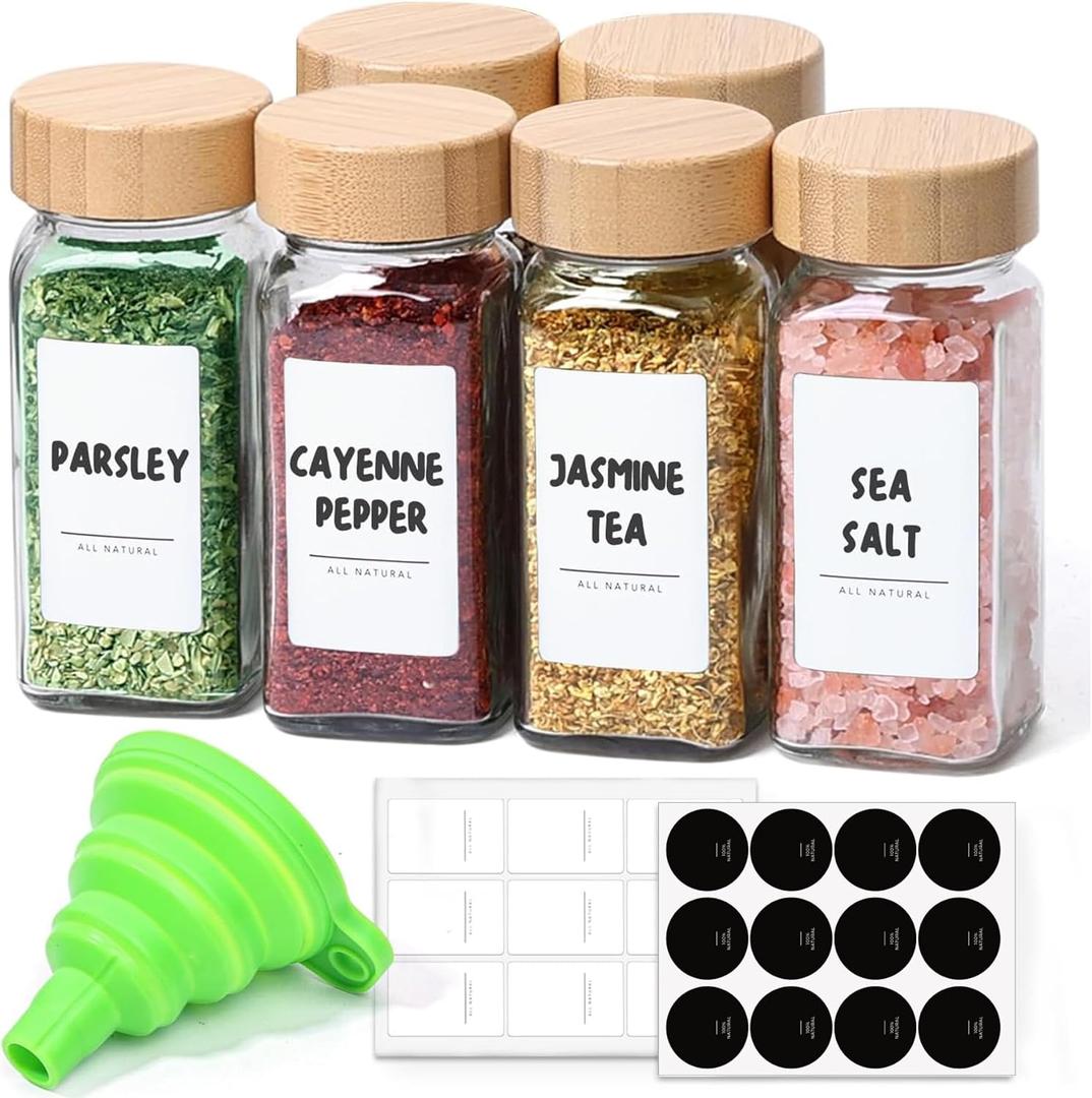 ComSaf 4 oz 6Pcs Glass Spice Jars with Label, Empty Spice Containers with Bamboo Lids, Square Seasoning Containers Trial and Supplement Set, Small Seasoning Bottles for Salt, Herbs, Sugar, Pepper