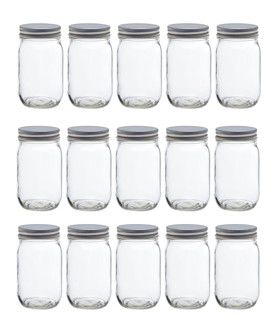FastRack Regular Mouth Glass Mason Jars with Metal Airtight Lids | 16 oz - Pack of 15 | Large Glass Jars for Food Storage with Lids | Ideal for Canning, Fermentation, Pickling, Kombucha Brewing