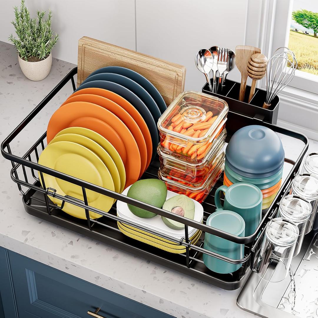Dish Drying Rack for Kitchen Counter, Large Dish Drying Racks with Drainboard, Kitchen Sink Dish Rack, Countertop Dish Drainer Rack with Cup & Cutlery Holders, Dish Dryer Rack 16.5*12.4*8.3 Black