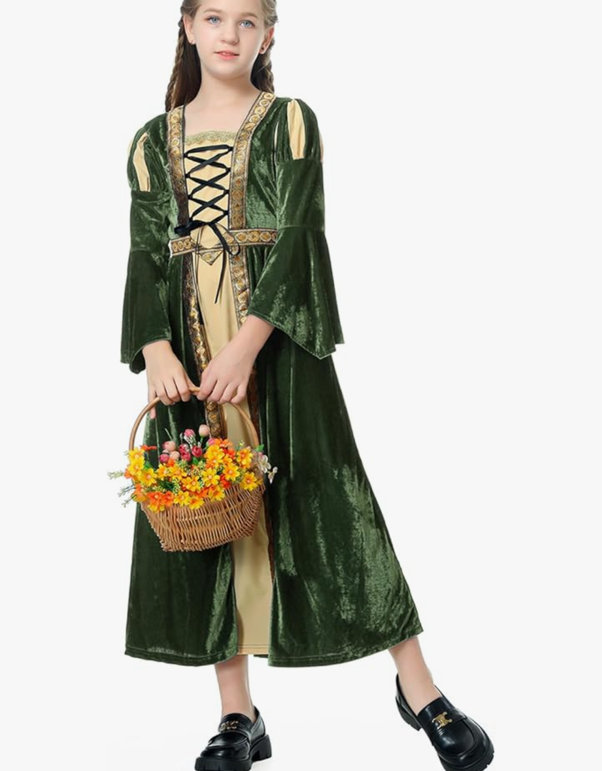Renaissance Dress Girls Costume Medieval Princess for Kids Halloween Outfit Dress Up 12-14Y